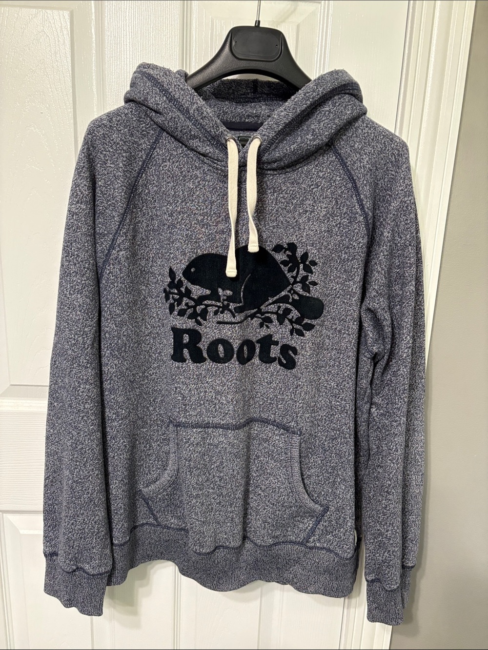 Roots Canada Beaver Men's Navy Heather Hoodie with Cream Drawstrings